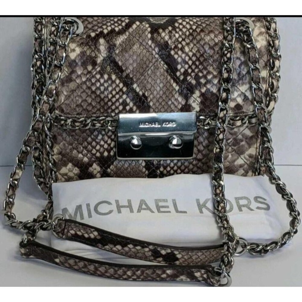 Michael Kors Carine Medium Python Embossed Leather Shoulder Bag Crossbody Cream